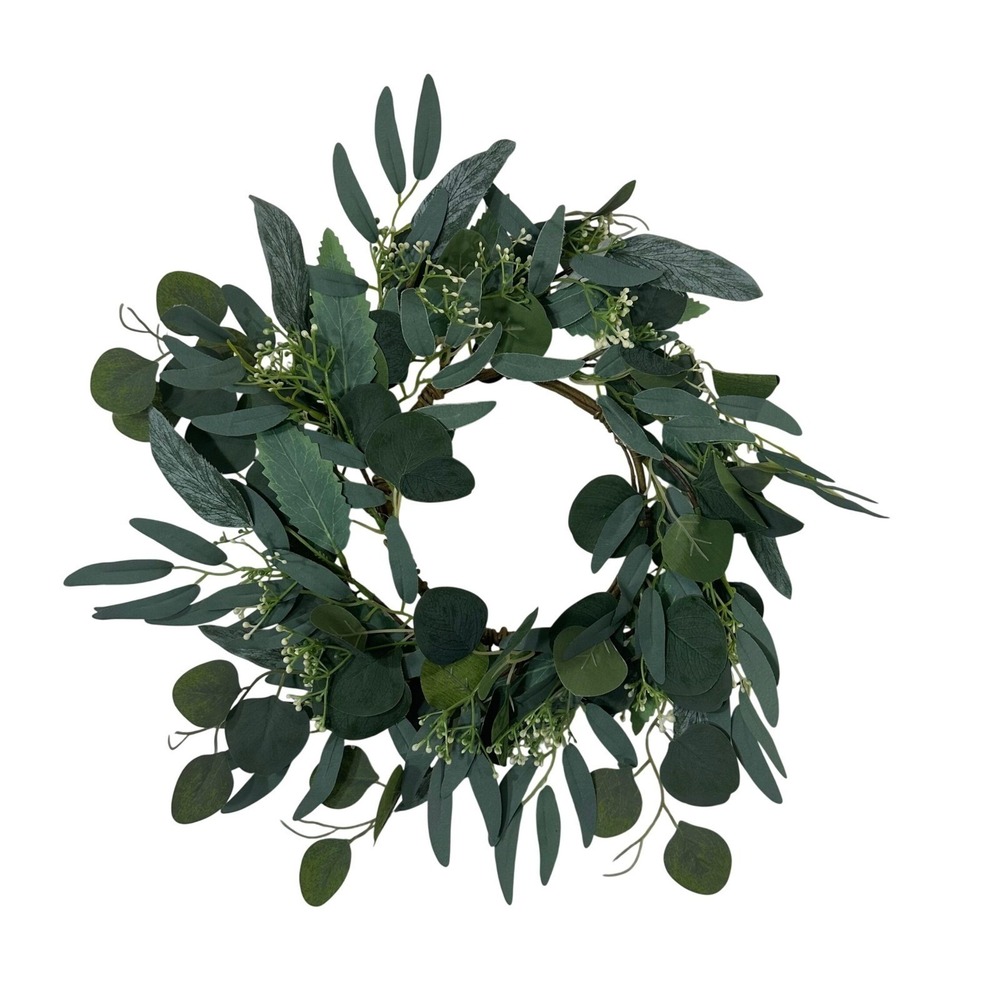 Artificial Eucalyptus Greenery Wreath with White Berries Grapevine Base 16 inch